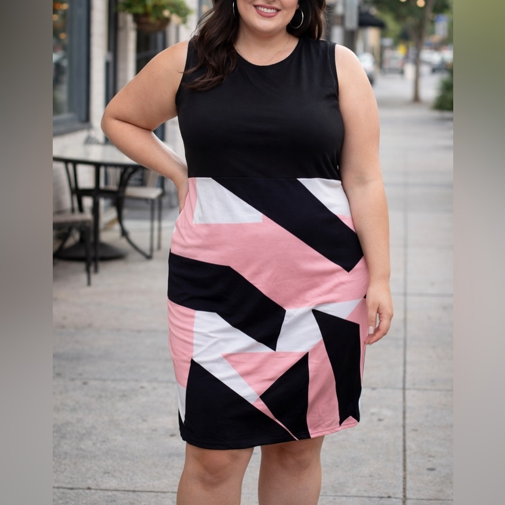 Black & Pink Geometric Sheath Dress | Modern Color Block Etuikleid Plus Size 3XL